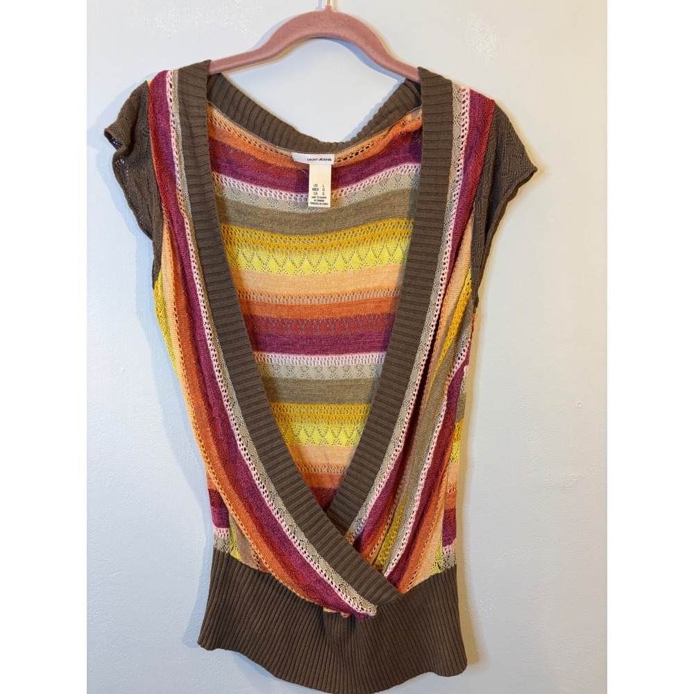 VTG DKNY Burgundy Yellow Brown Striped Crocheted Faux Wrap Sweater L Y2K